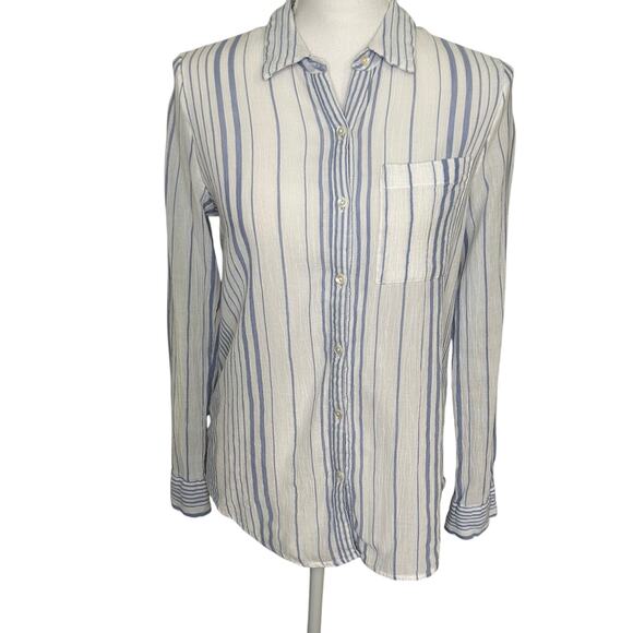 Sundance long sleeve crinkle cotton button up blue and white striped size S - Picture 1 of 6